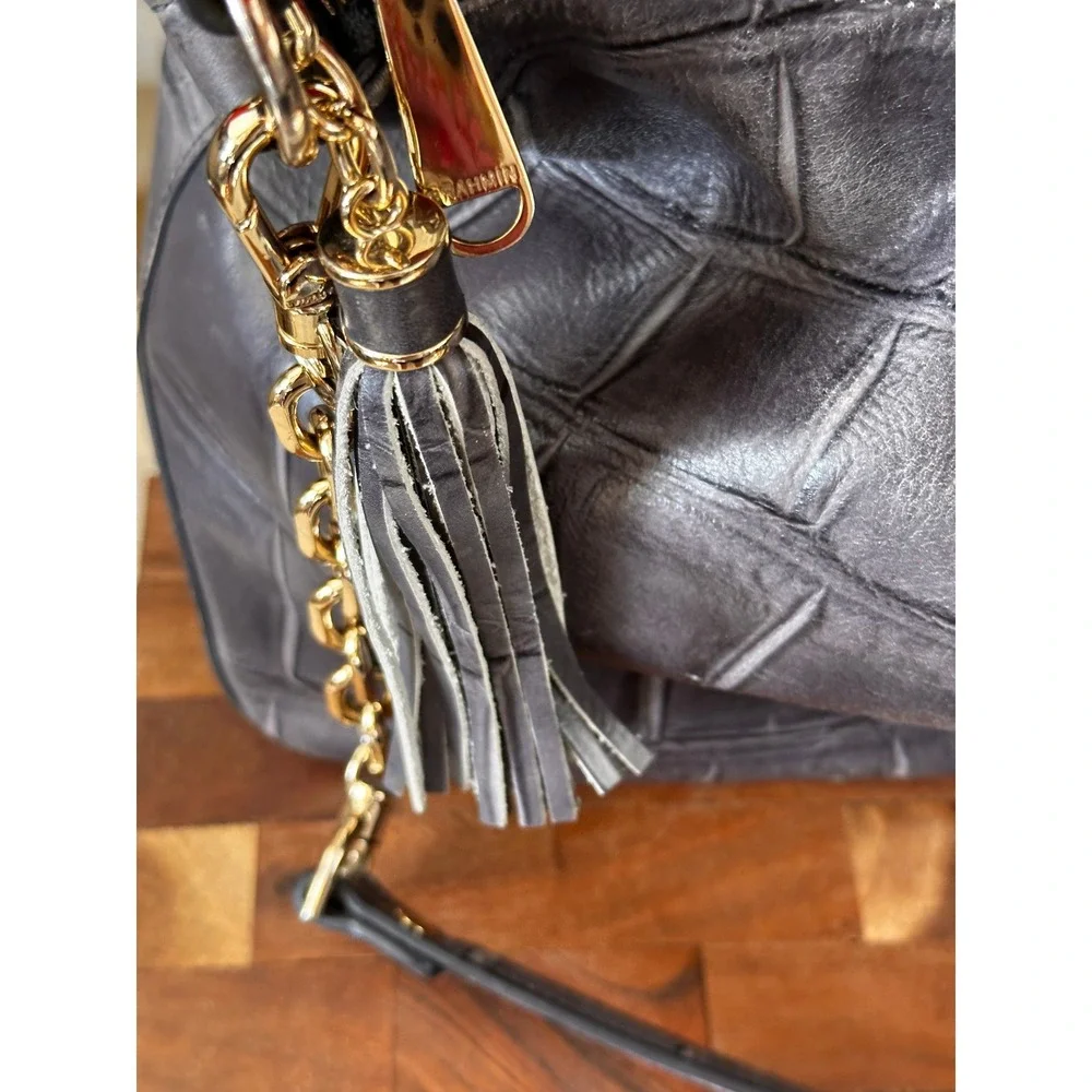 Brahmin Grey Croc Embossed‎ Leather Shoulder Bag Gold Chain Tassel Accent